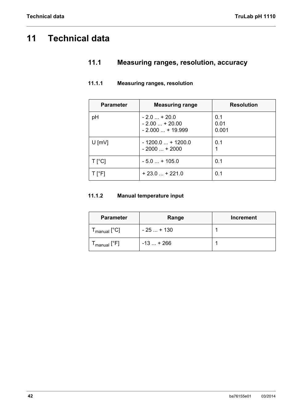 11 technical data, 1 measuring ranges, resolution, accuracy, 1 measuring ranges, resolution | 2 manual temperature input, Technical data, Measuring ranges, resolution, Manual temperature input, Section 11 t, Echnical, Data | YSI TruLab pH 1110 User Manual | Page 42 / 54