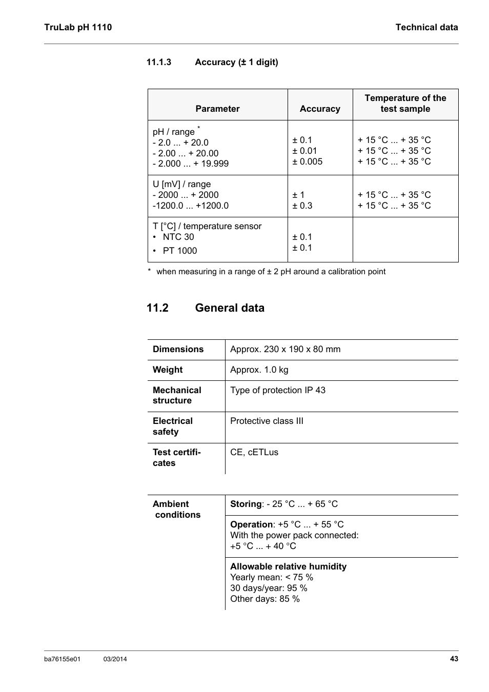 3 accuracy (± 1 digit), 2 general data, Accuracy (± 1 digit) | YSI TruLab pH 1110 User Manual | Page 43 / 54