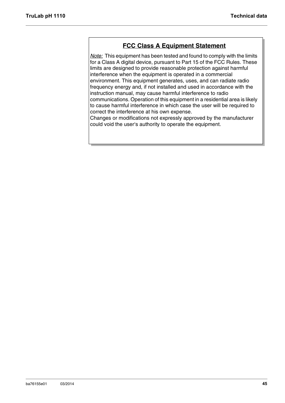 Fcc class a equipment statement | YSI TruLab pH 1110 User Manual | Page 45 / 54