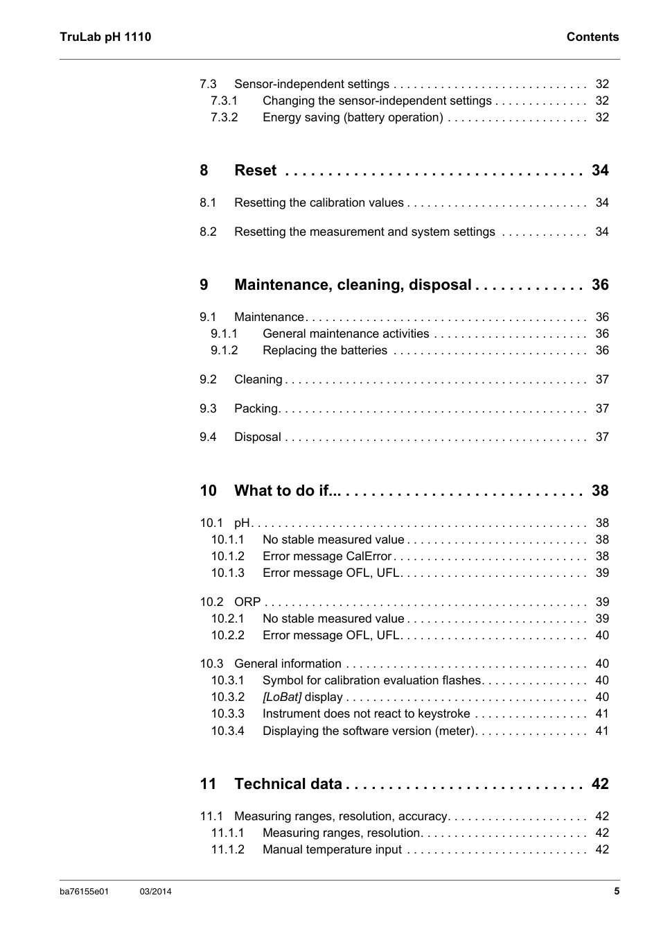 8reset, 9maintenance, cleaning, disposal, 10 what to do if | 11 technical data | YSI TruLab pH 1110 User Manual | Page 5 / 54