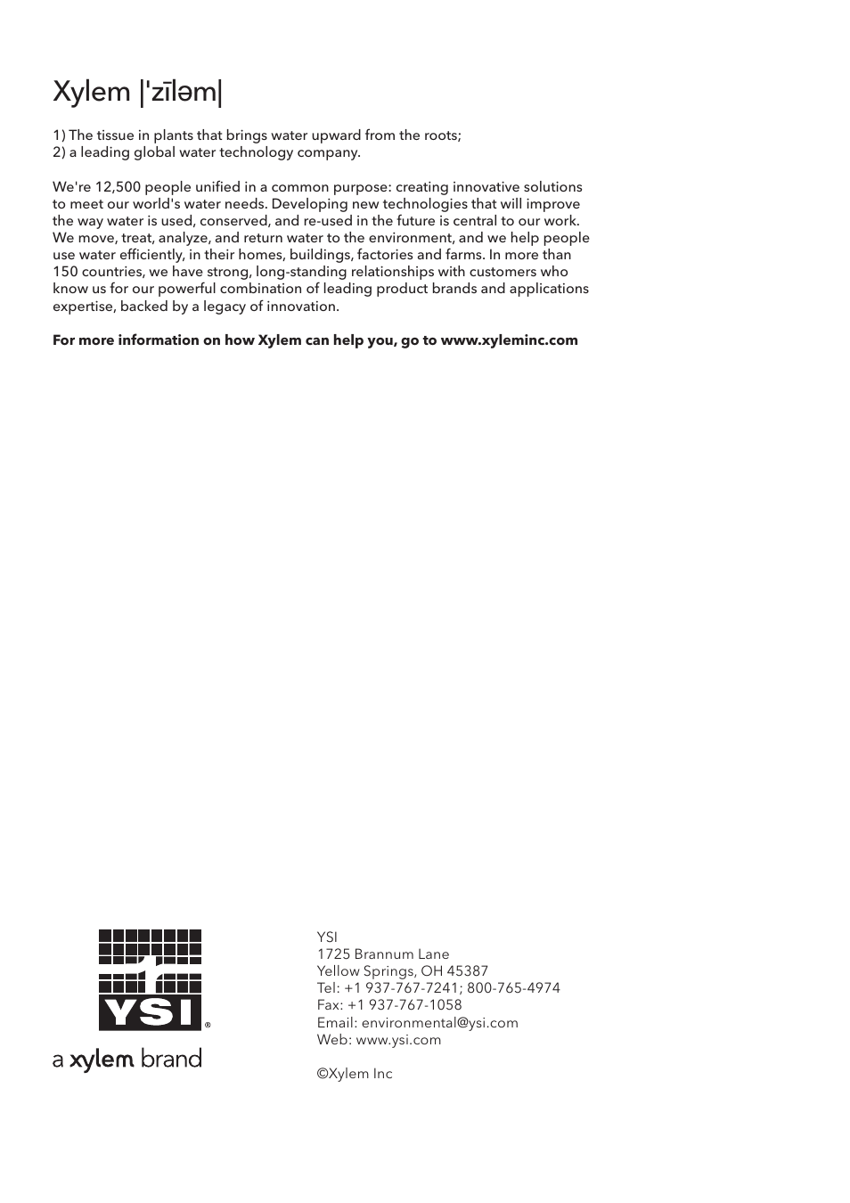 Xylem |' m| zīl ə | YSI TruLab pH 1110 User Manual | Page 54 / 54