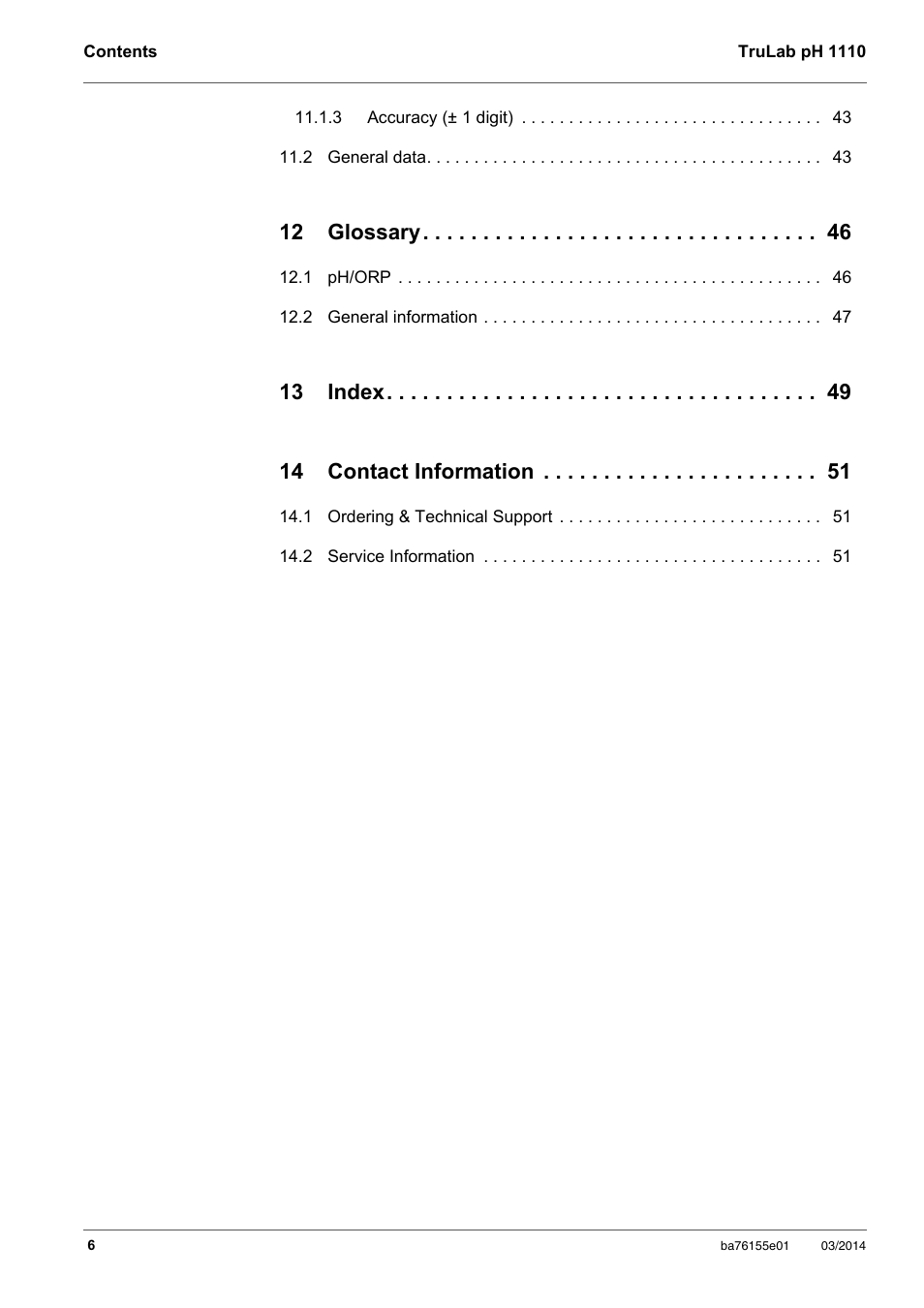 12 glossary, 13 index 14 contact information | YSI TruLab pH 1110 User Manual | Page 6 / 54