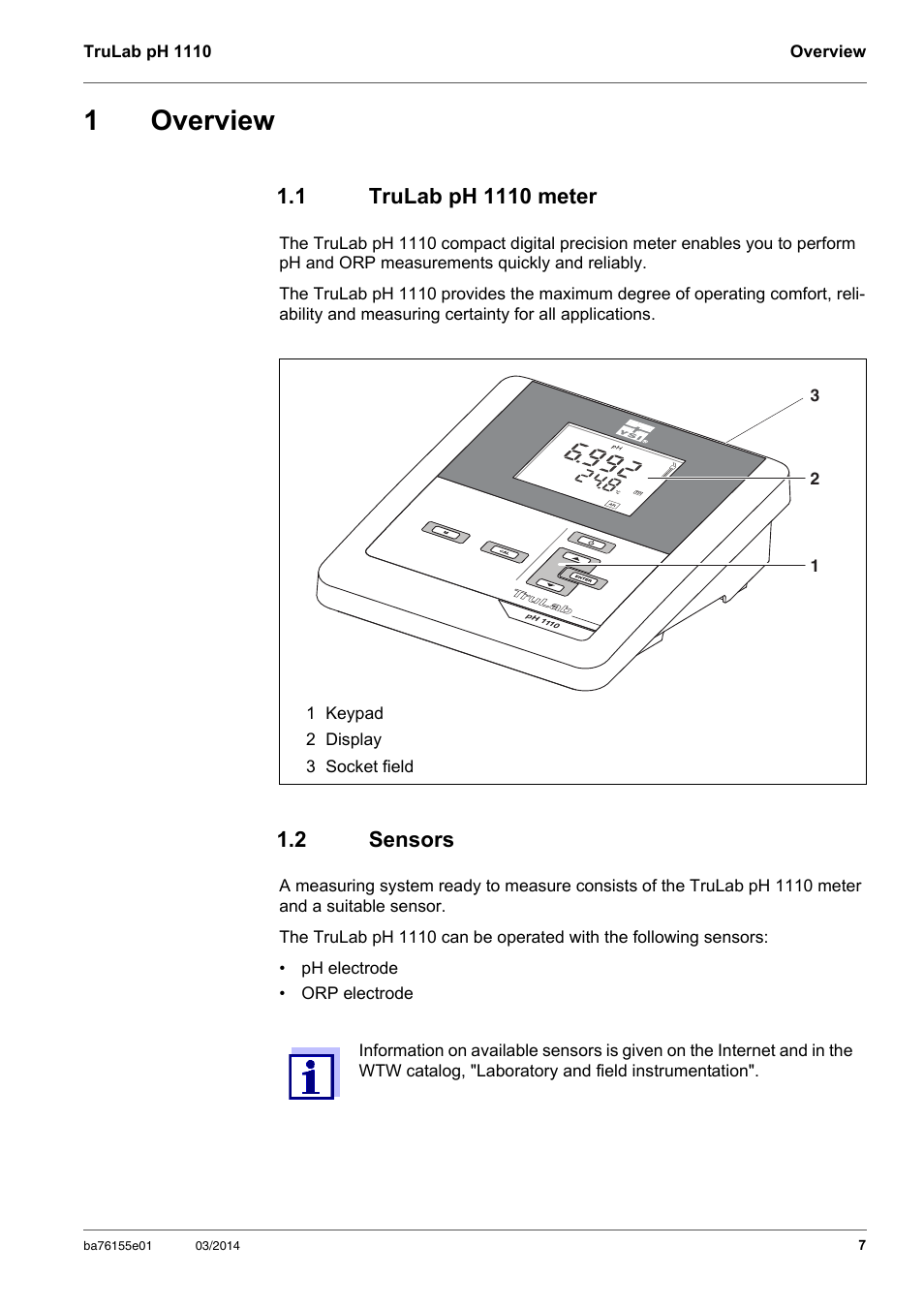 1 overview, 1 trulab ph 1110 meter, 2 sensors | Overview, Trulab ph 1110 meter, Sensors, 1overview | YSI TruLab pH 1110 User Manual | Page 7 / 54