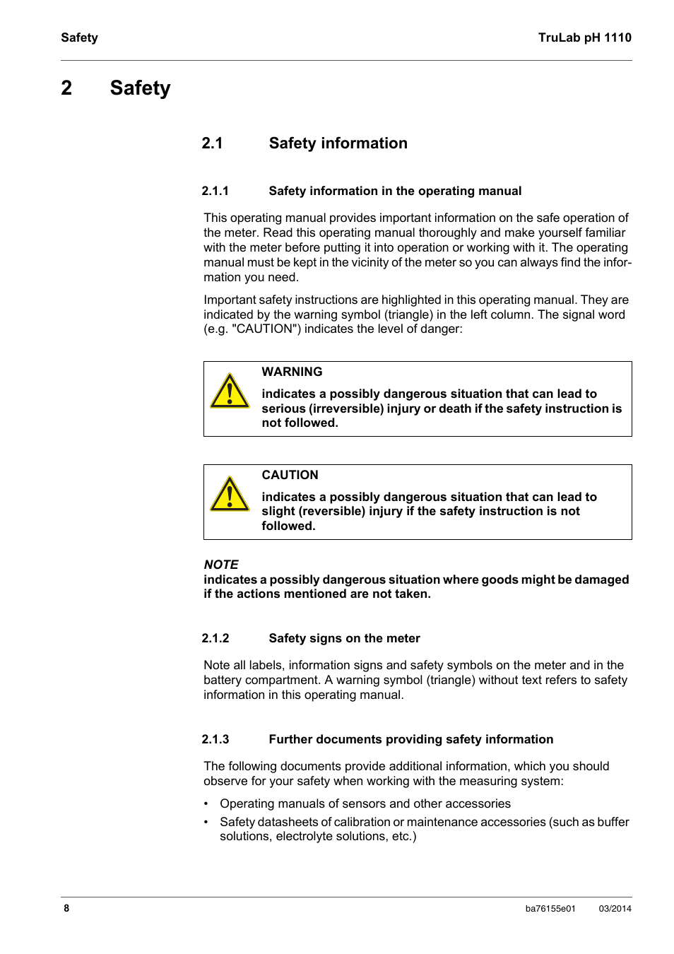 2 safety, 1 safety information, 1 safety information in the operating manual | 2 safety signs on the meter, 3 further documents providing safety information, Safety, Safety information, Safety information in the operating manual, Safety signs on the meter, Further documents providing safety information | YSI TruLab pH 1110 User Manual | Page 8 / 54