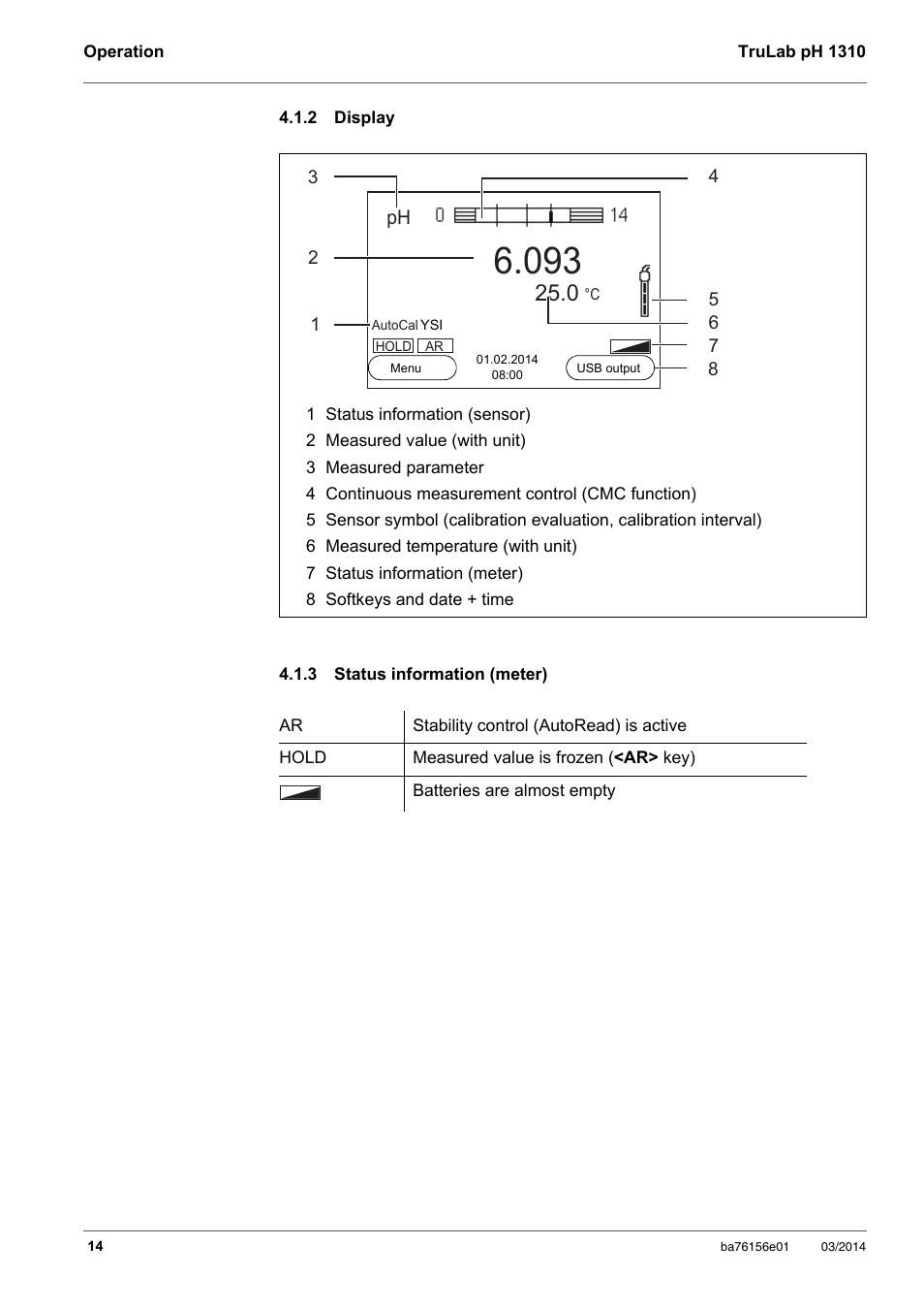 2 display, 3 status information (meter), Display | Status information (meter) | YSI TruLab 1310P User Manual | Page 14 / 74