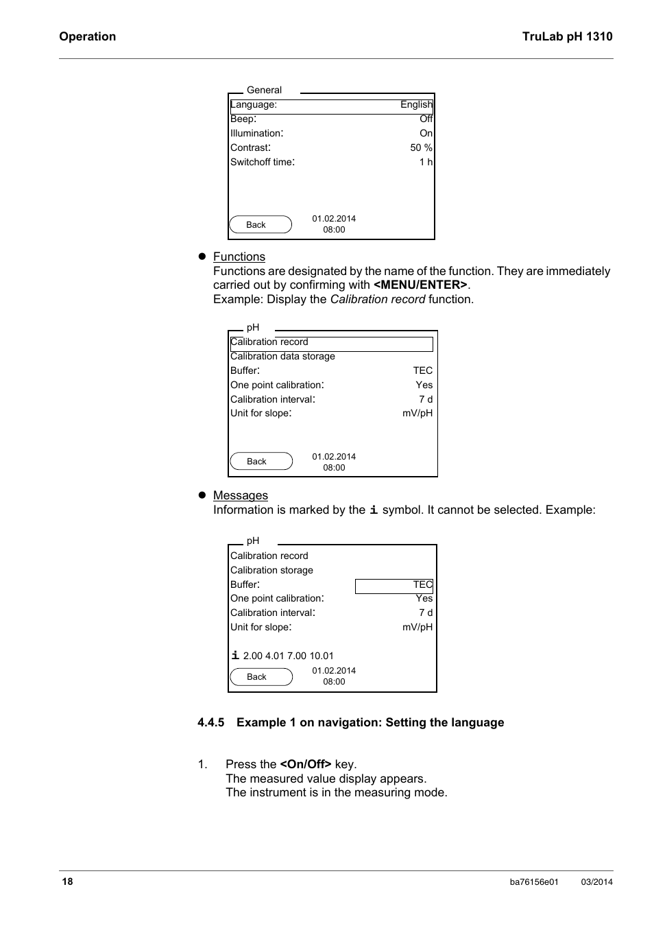 5 example 1 on navigation: setting the language, Example 1 on navigation: setting the language | YSI TruLab 1310P User Manual | Page 18 / 74