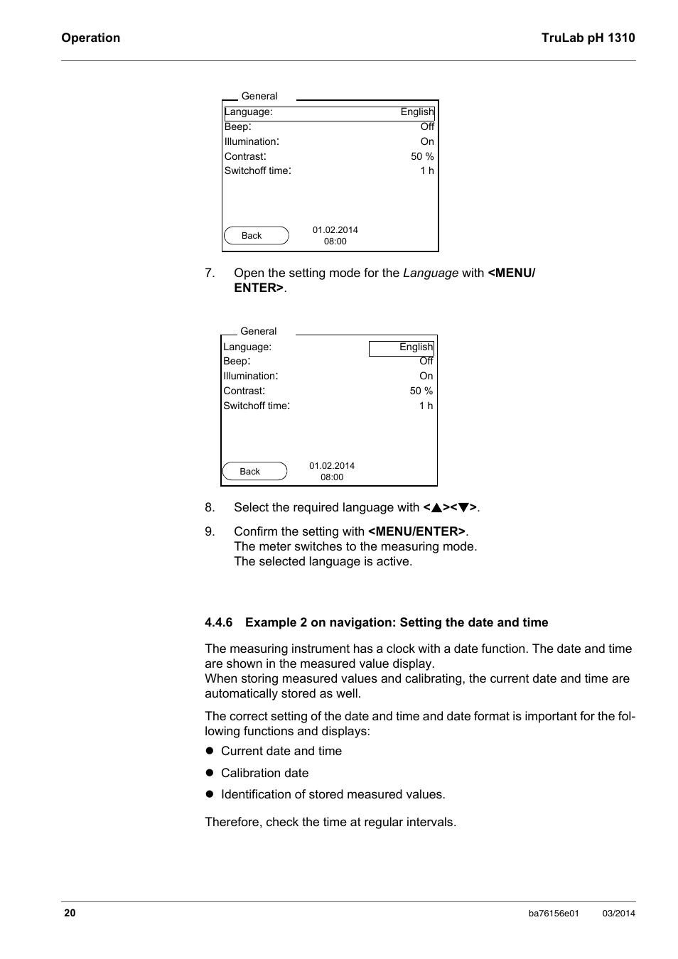 Example 2 on navigation: setting the date and time, Nd time (see section 4.4.6 e, Xample | Navigation, Etting, Date, Time, Section 4.4.6 e | YSI TruLab 1310P User Manual | Page 20 / 74