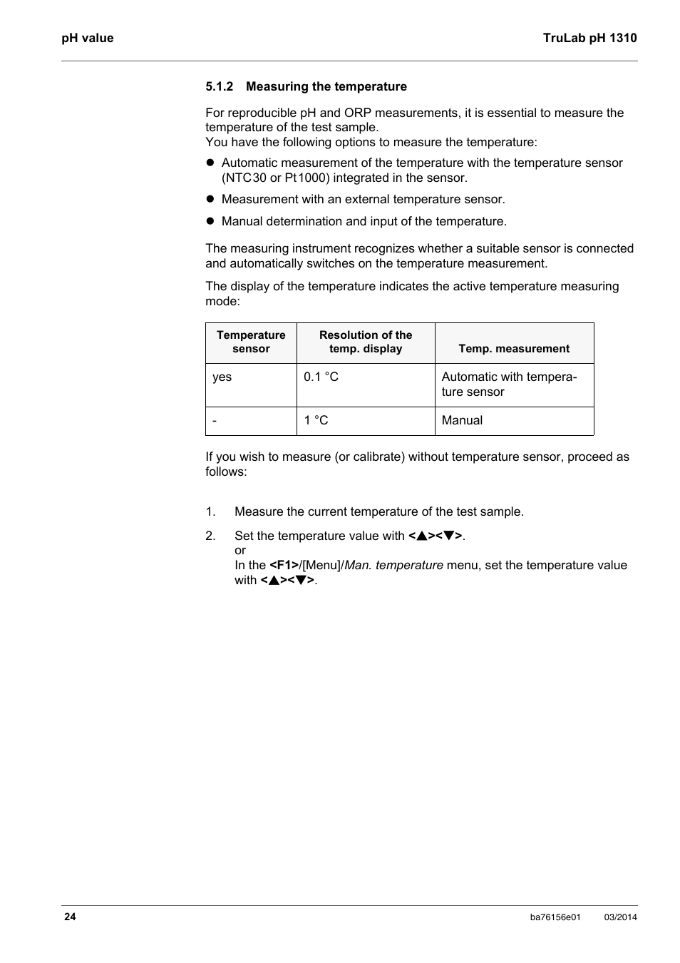 2 measuring the temperature, Measuring the temperature | YSI TruLab 1310P User Manual | Page 24 / 74