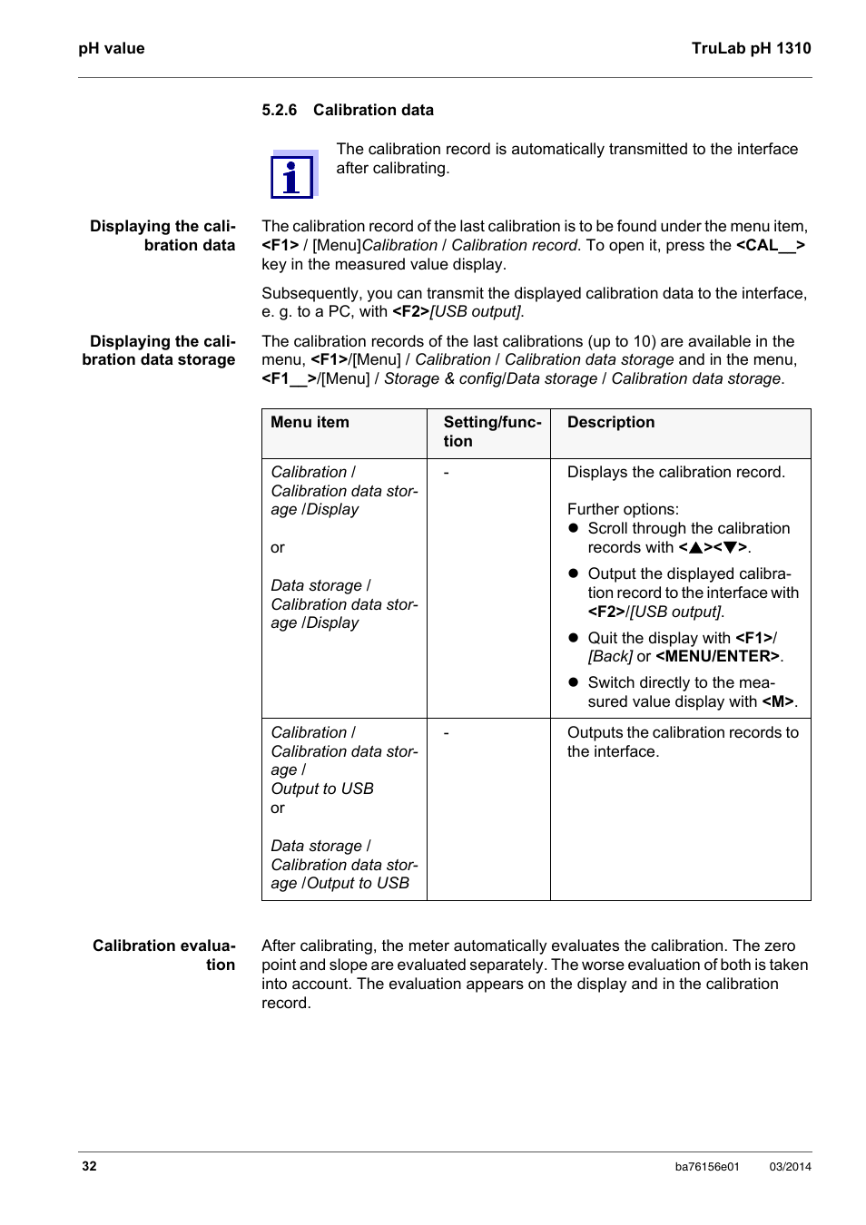 6 calibration data, Calibration data | YSI TruLab 1310P User Manual | Page 32 / 74