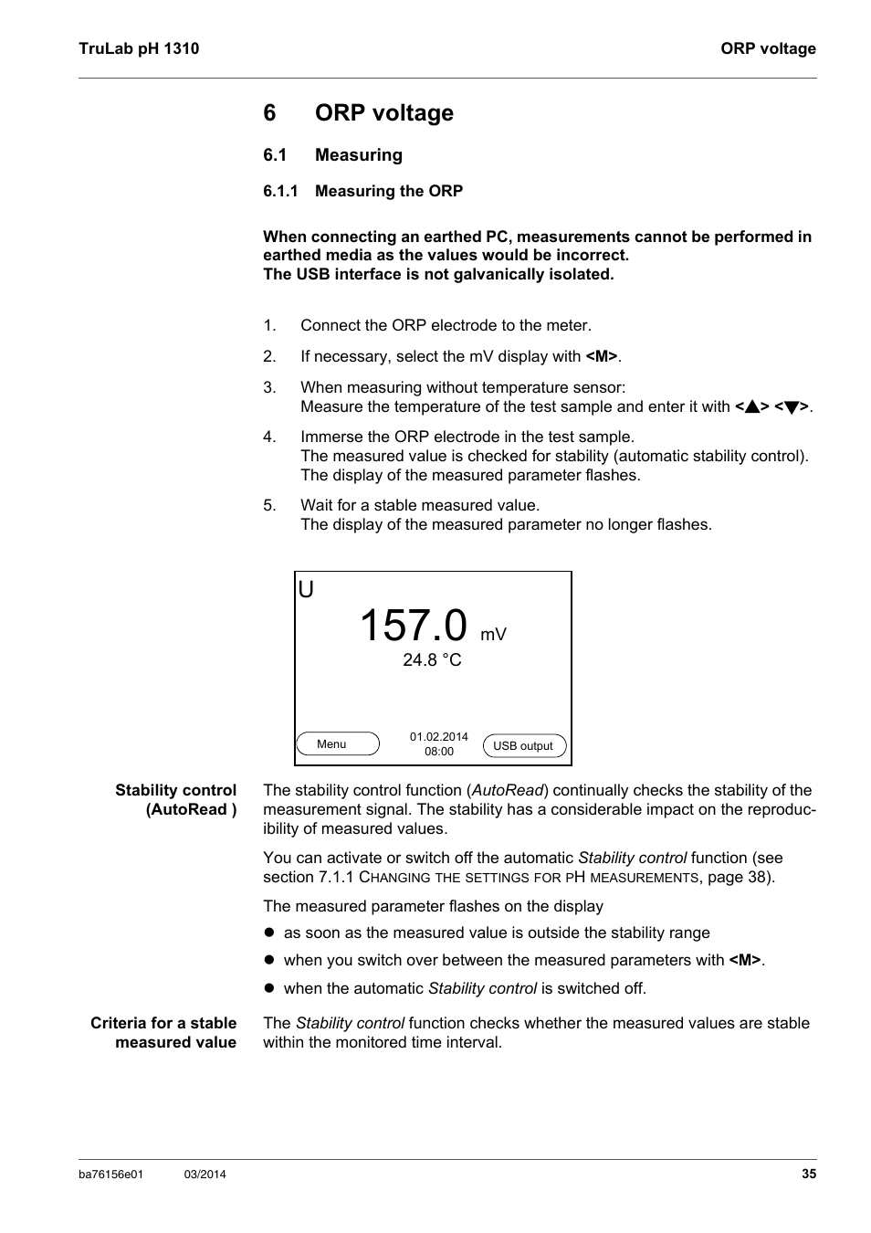 6 orp voltage, 1 measuring, 1 measuring the orp | Orp voltage, Measuring, Measuring the orp, 6orp voltage | YSI TruLab 1310P User Manual | Page 35 / 74