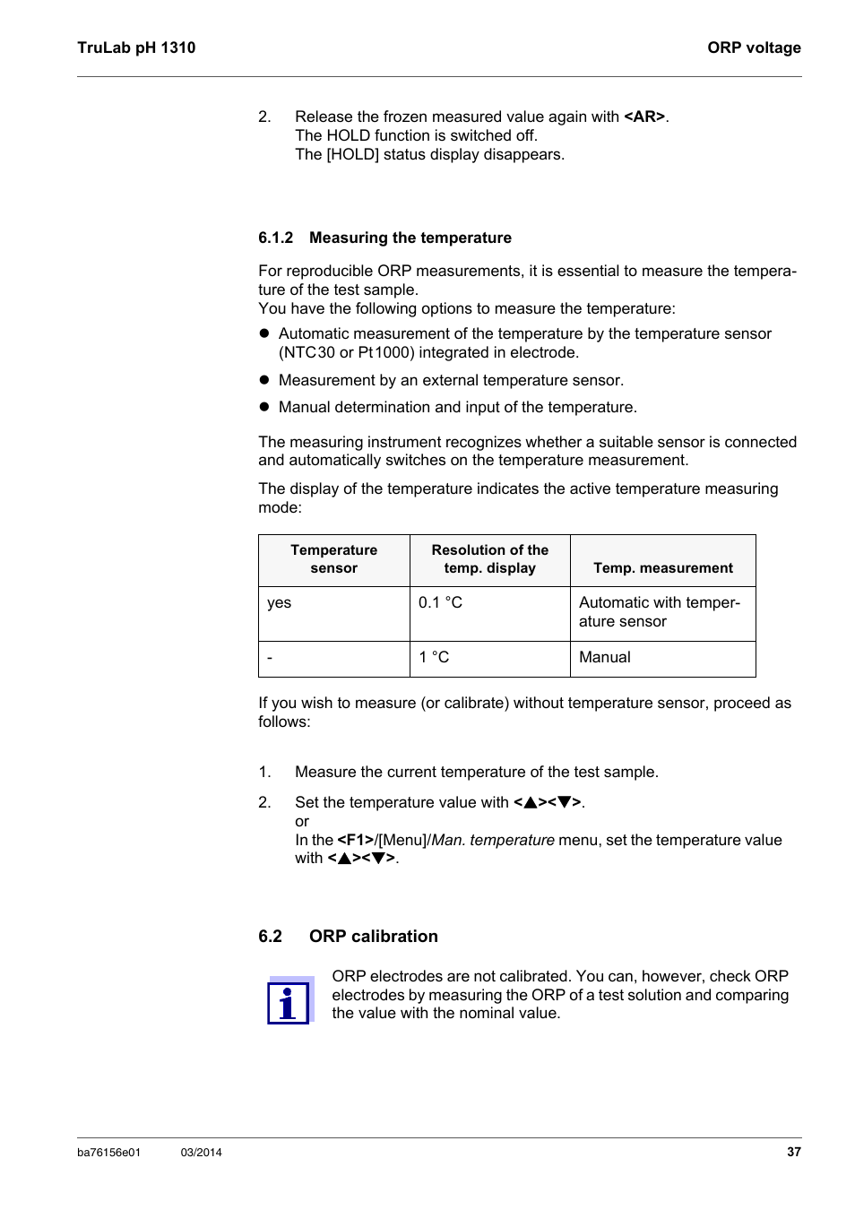 2 measuring the temperature, 2 orp calibration, Measuring the temperature | Orp calibration | YSI TruLab 1310P User Manual | Page 37 / 74