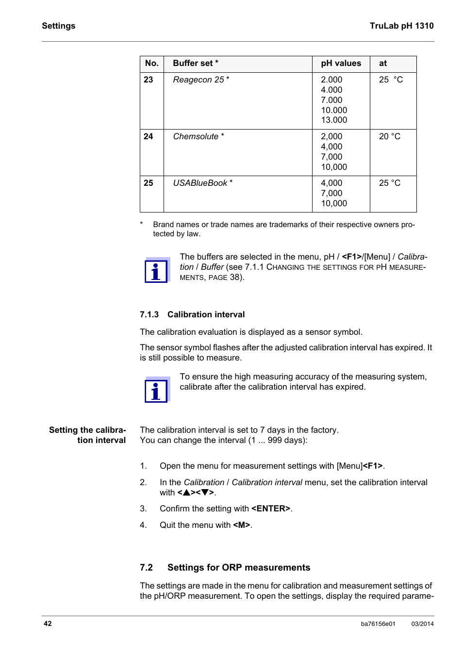 3 calibration interval, 2 settings for orp measurements, Calibration interval | Settings for orp measurements | YSI TruLab 1310P User Manual | Page 42 / 74