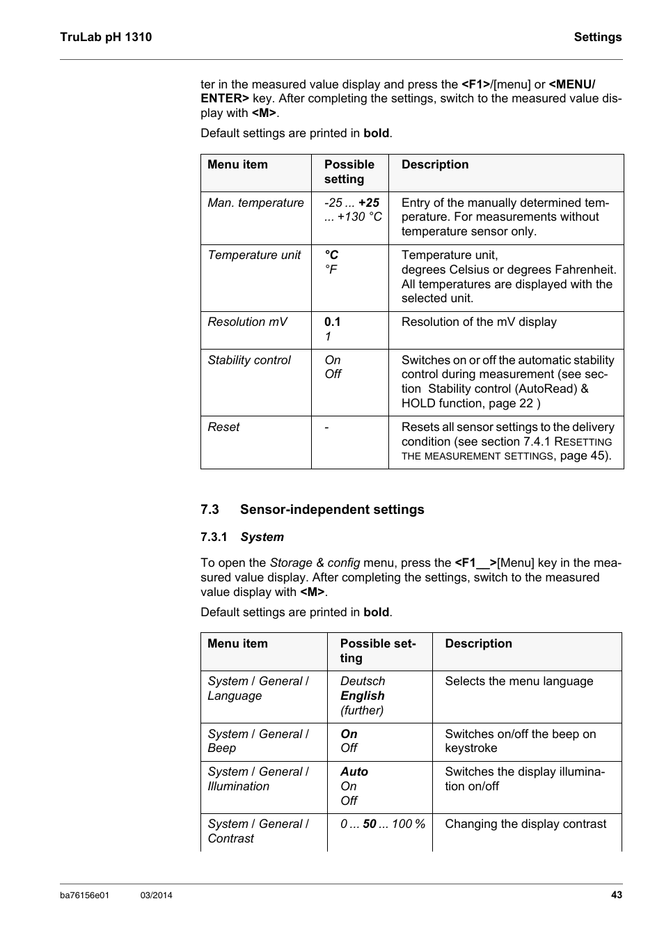3 sensor-independent settings, 1 system, Sensor-independent settings | System, Section 7.3.1 s, Ystem | YSI TruLab 1310P User Manual | Page 43 / 74