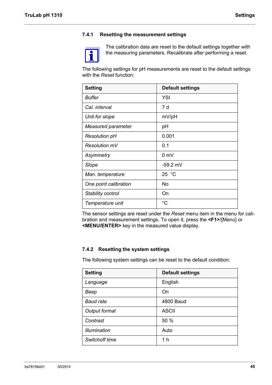 1 resetting the measurement settings, 2 resetting the system settings, Resetting the measurement settings | Resetting the system settings, Section 7.4.1 r, Esetting, Measure, Ment, Settings, Measurement | YSI TruLab 1310P User Manual | Page 45 / 74