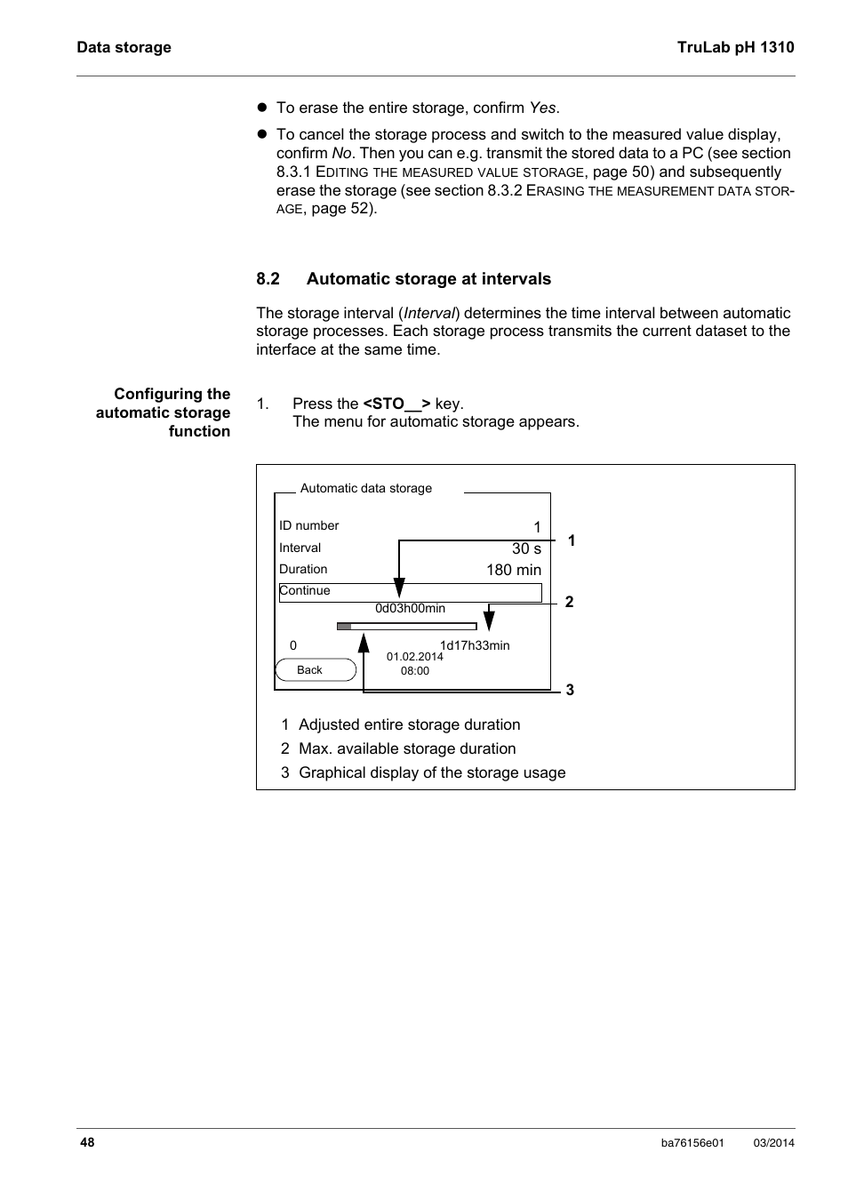 2 automatic storage at intervals, Automatic storage at intervals, Section 8.2 a | Utomatic, Storage, Intervals | YSI TruLab 1310P User Manual | Page 48 / 74