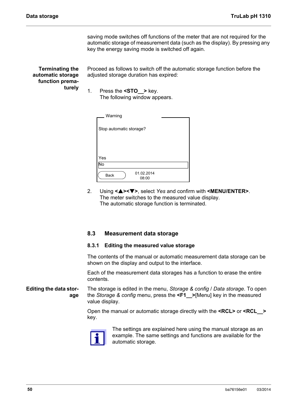 3 measurement data storage, 1 editing the measured value storage, Measurement data storage | Editing the measured value storage, Section 8.3.1 e, Diting, Measured, Value, Storage | YSI TruLab 1310P User Manual | Page 50 / 74