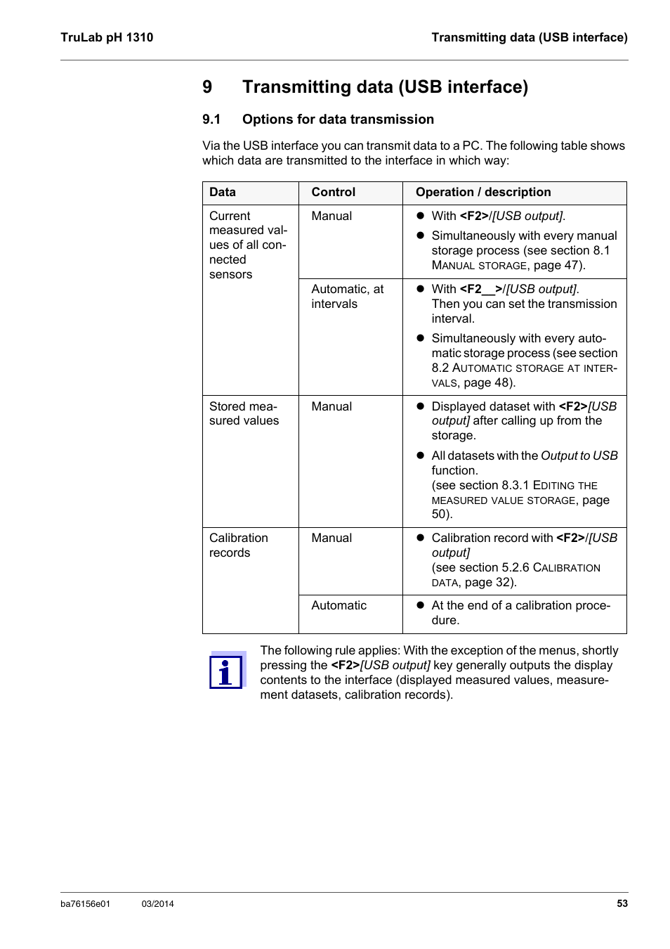 9 transmitting data (usb interface), 1 options for data transmission, Transmitting data (usb interface) | Options for data transmission, Section 9 t, Rans, Mitting, Data, Interface, 9transmitting data (usb interface) | YSI TruLab 1310P User Manual | Page 53 / 74