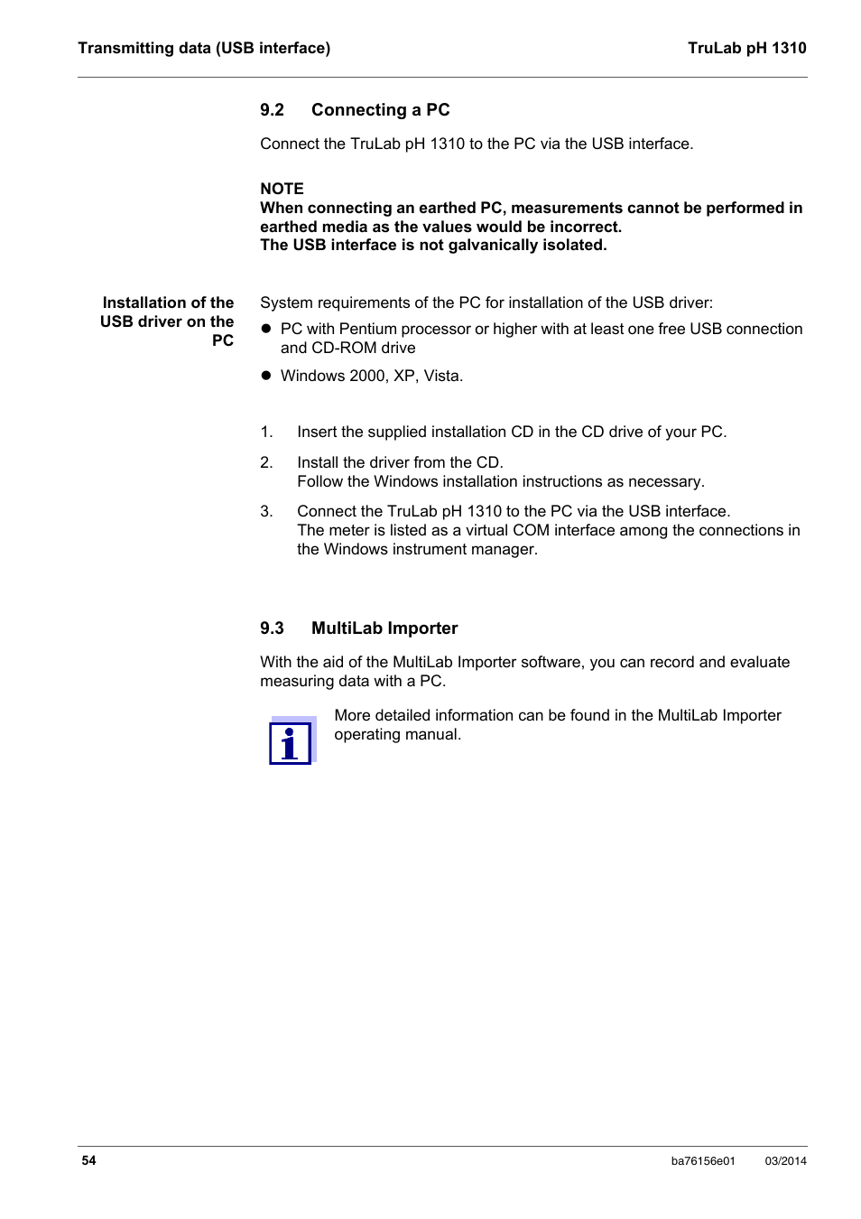 2 connecting a pc, 3 multilab importer, Connecting a pc | Multilab importer | YSI TruLab 1310P User Manual | Page 54 / 74