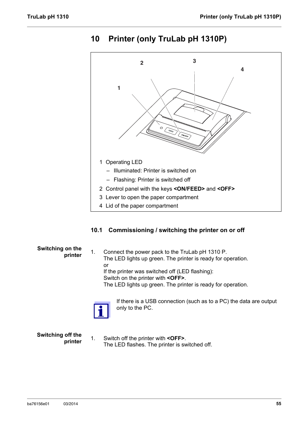 10 printer (only trulab ph 1310p), 1 commissioning / switching the printer on or off, Ee section 10 p | Rinter, Only, Section 10 p | YSI TruLab 1310P User Manual | Page 55 / 74