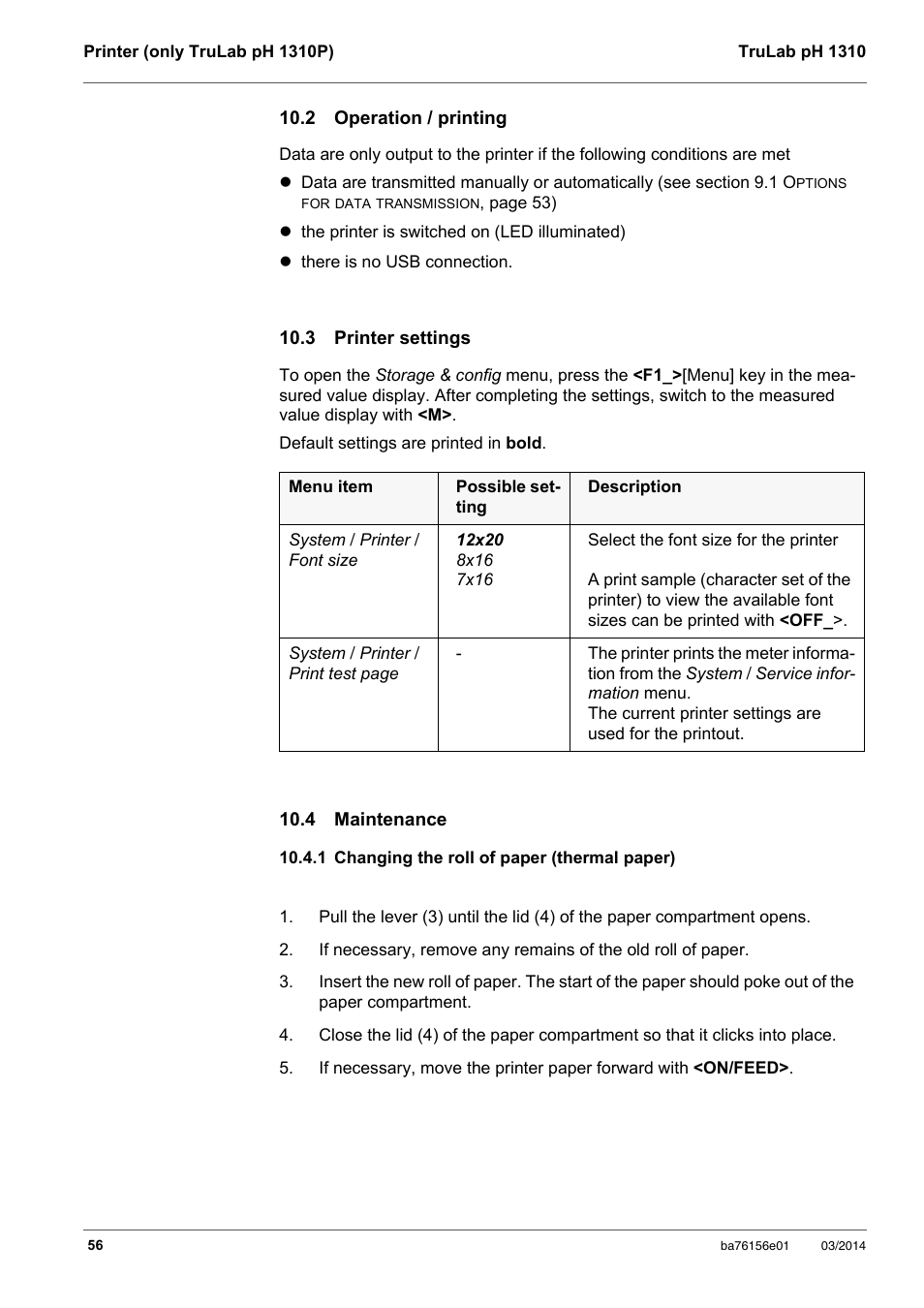 2 operation / printing, 3 printer settings, 4 maintenance | 1 changing the roll of paper (thermal paper) | YSI TruLab 1310P User Manual | Page 56 / 74