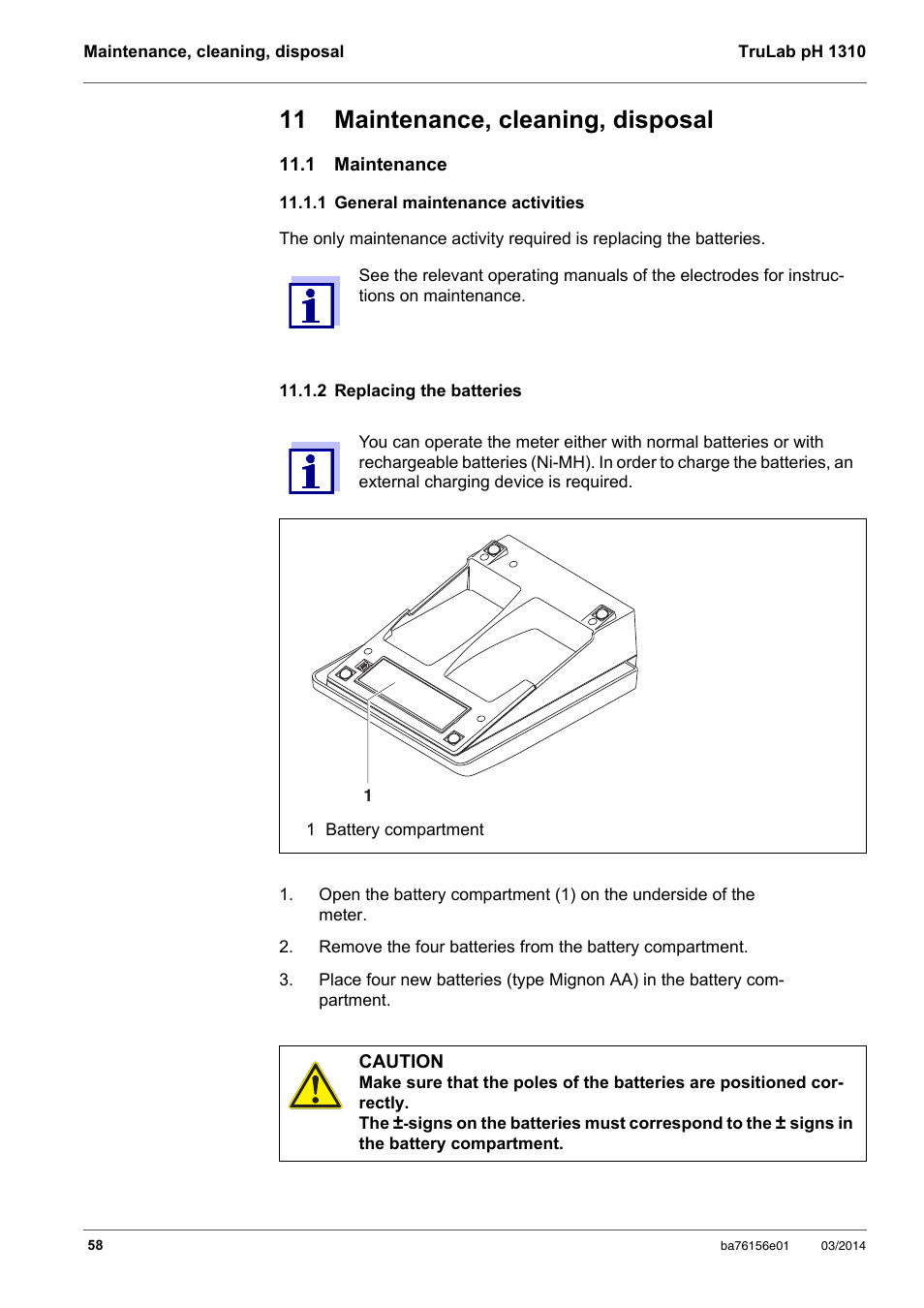 11 maintenance, cleaning, disposal, 1 maintenance, 1 general maintenance activities | 2 replacing the batteries | YSI TruLab 1310P User Manual | Page 58 / 74