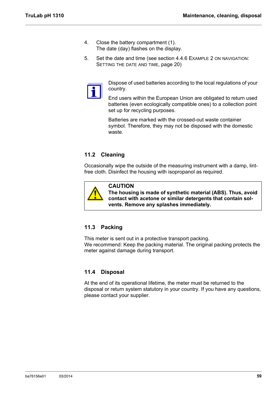 2 cleaning, 3 packing, 4 disposal | 2 cleaning 11.3 packing 11.4 disposal | YSI TruLab 1310P User Manual | Page 59 / 74
