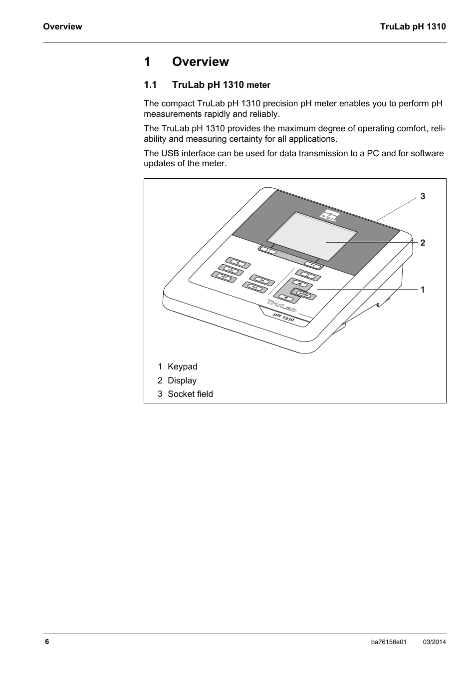 1 overview, 1 trulab ph 1310 meter, Overview | Trulab ph 1310 meter, 1overview | YSI TruLab 1310P User Manual | Page 6 / 74