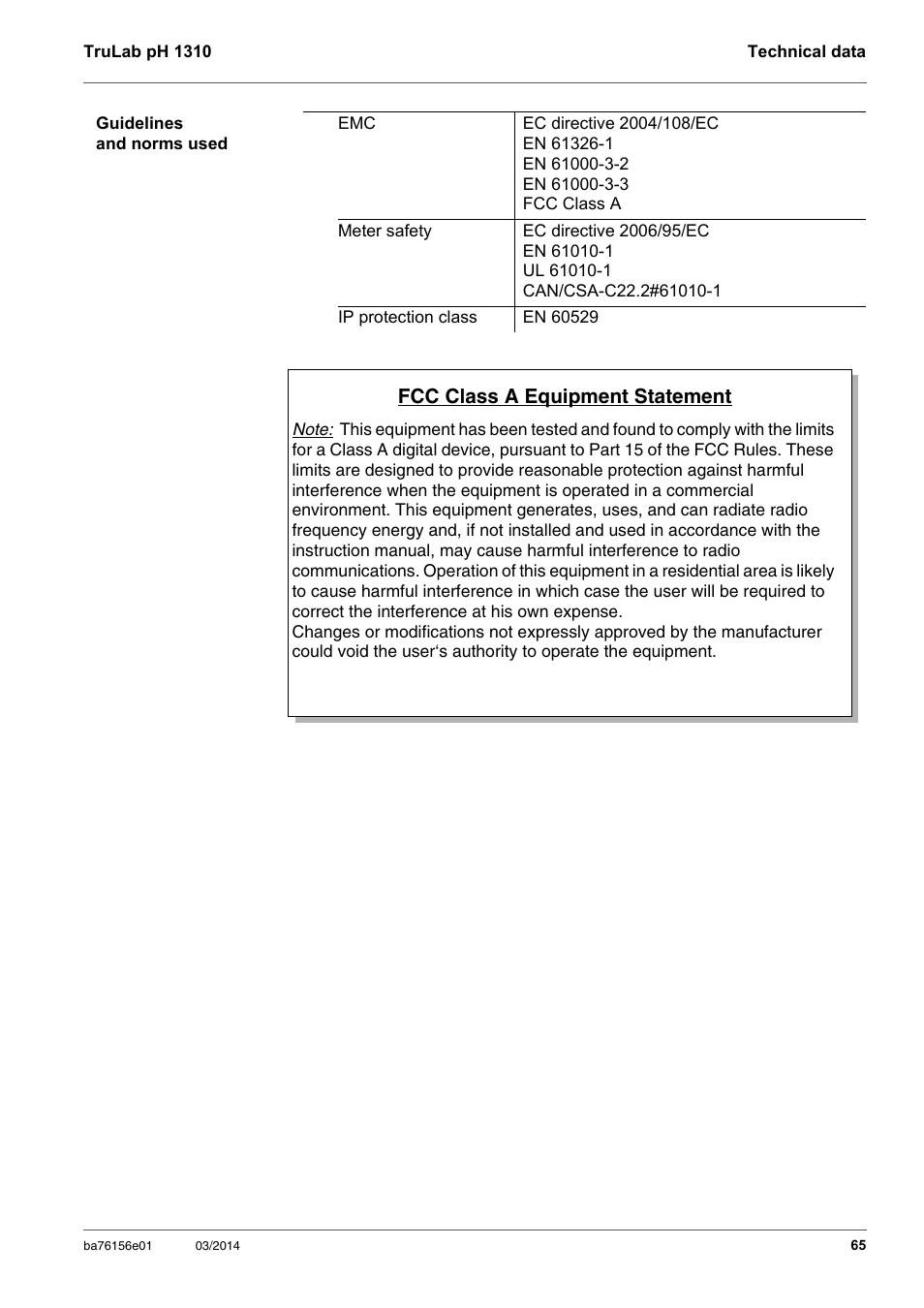 Fcc class a equipment statement | YSI TruLab 1310P User Manual | Page 65 / 74