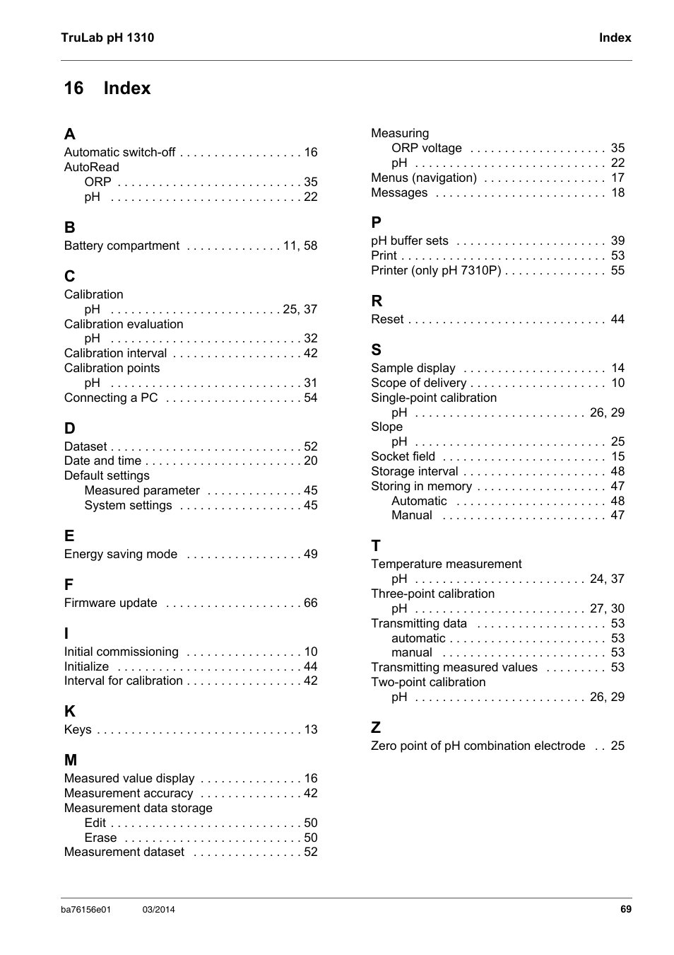 16 index | YSI TruLab 1310P User Manual | Page 69 / 74
