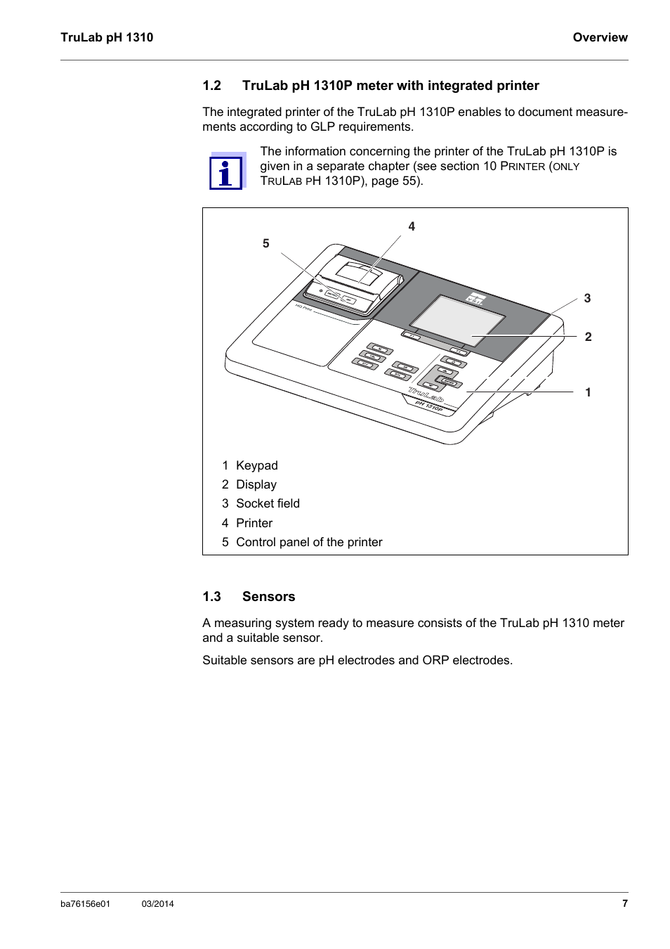 2 trulab ph 1310p meter with integrated printer, 3 sensors, Trulab ph 1310p meter with integrated printer | Sensors | YSI TruLab 1310P User Manual | Page 7 / 74