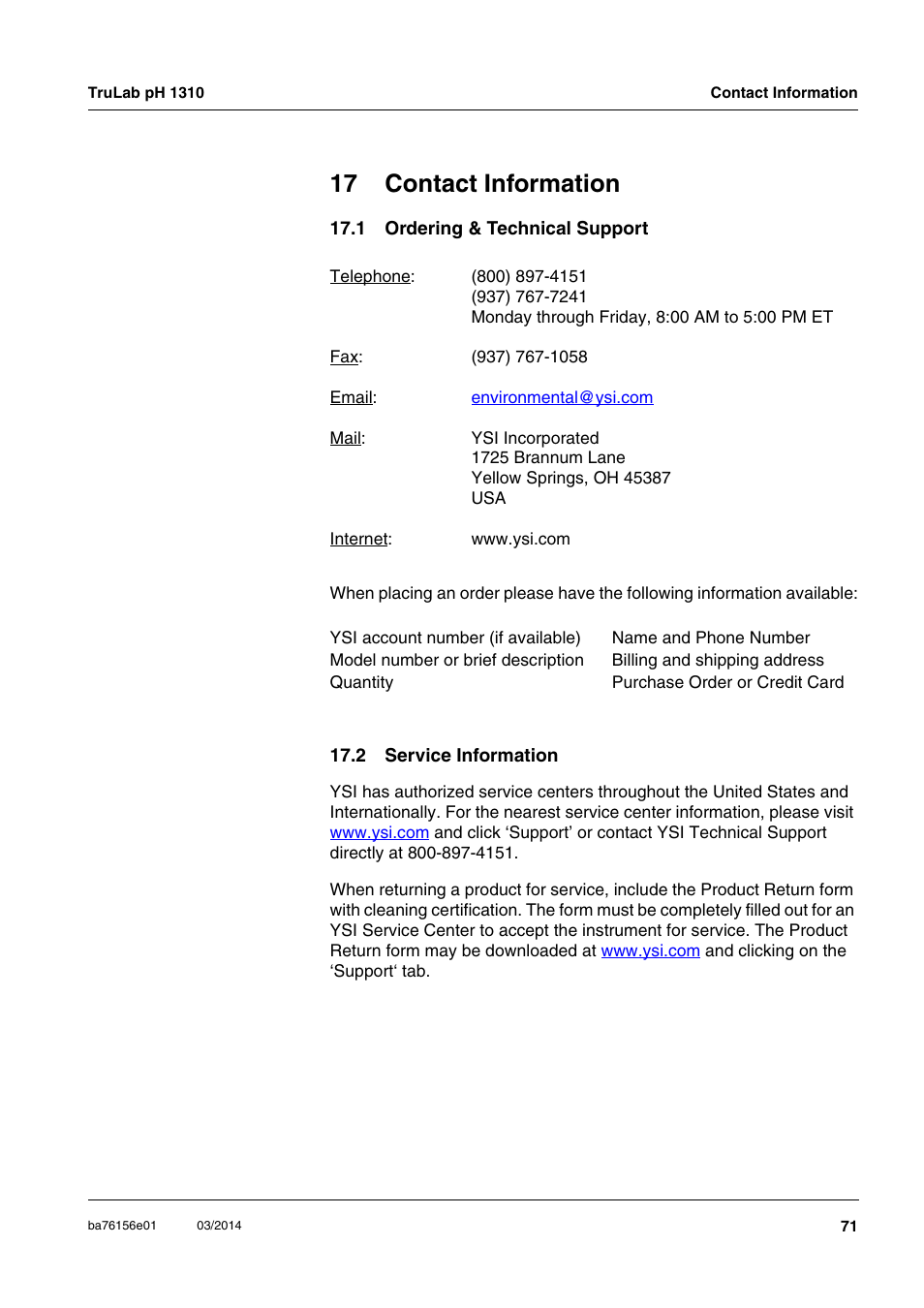 17 contact information, 1 ordering & technical support, 2 service information | YSI TruLab 1310P User Manual | Page 71 / 74