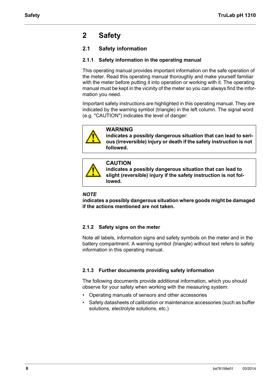 2 safety, 1 safety information, 1 safety information in the operating manual | 2 safety signs on the meter, 3 further documents providing safety information, Safety, Safety information, Safety information in the operating manual, Safety signs on the meter, Further documents providing safety information | YSI TruLab 1310P User Manual | Page 8 / 74
