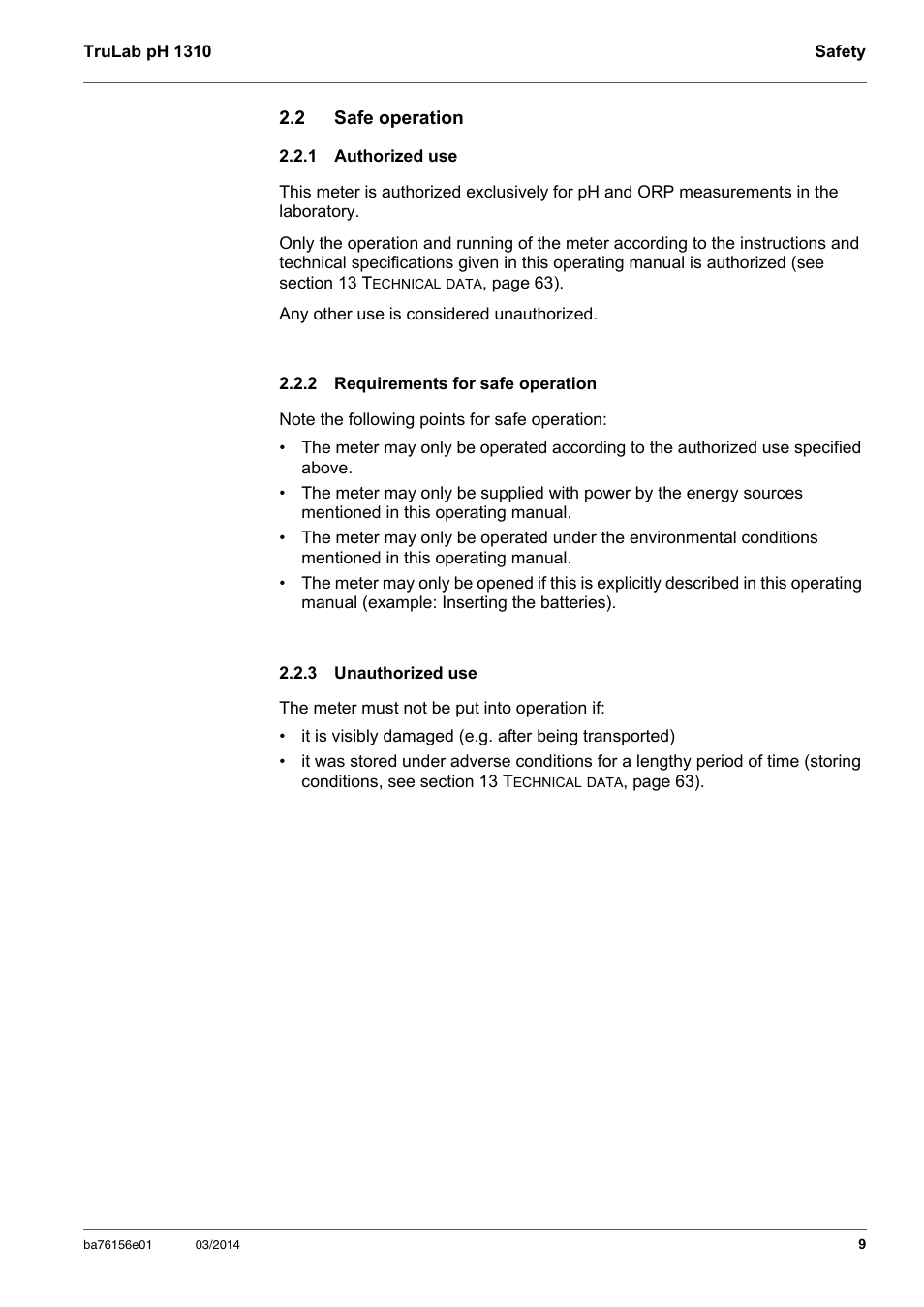 2 safe operation, 1 authorized use, 2 requirements for safe operation | 3 unauthorized use, Safe operation, Authorized use, Requirements for safe operation, Unauthorized use | YSI TruLab 1310P User Manual | Page 9 / 74