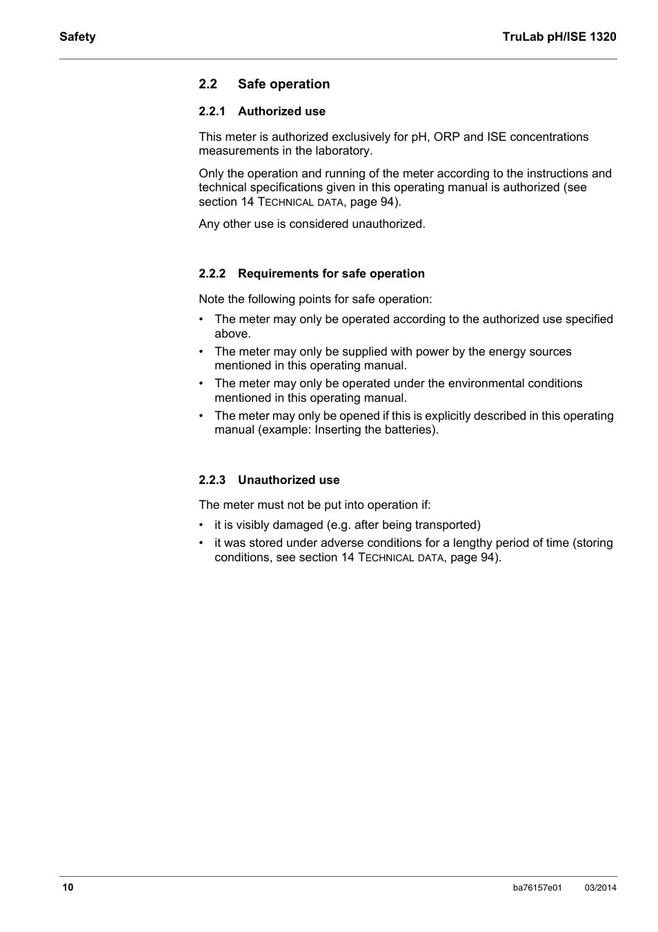 2 safe operation, 1 authorized use, 2 requirements for safe operation | 3 unauthorized use, Safe operation, Authorized use, Requirements for safe operation, Unauthorized use | YSI TruLab 1320P User Manual | Page 10 / 106