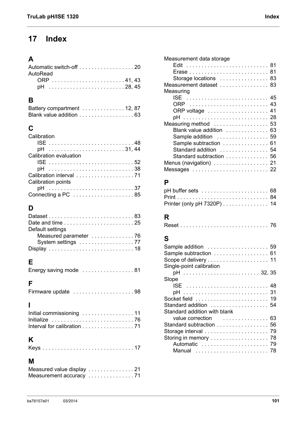 17 index | YSI TruLab 1320P User Manual | Page 101 / 106