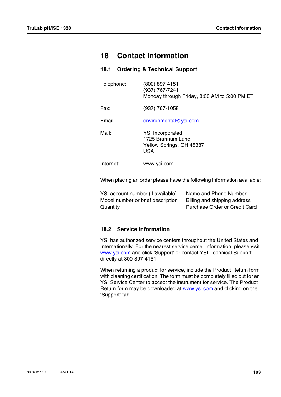 18 contact information, 1 ordering & technical support, 2 service information | YSI TruLab 1320P User Manual | Page 103 / 106