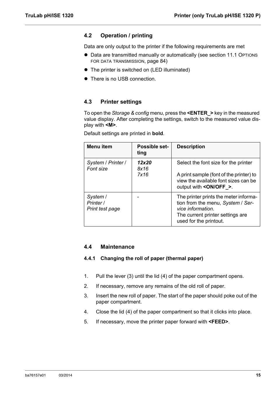 2 operation / printing, 3 printer settings, 4 maintenance | 1 changing the roll of paper (thermal paper), Operation / printing, Printer settings, Maintenance, Changing the roll of paper (thermal paper) | YSI TruLab 1320P User Manual | Page 15 / 106