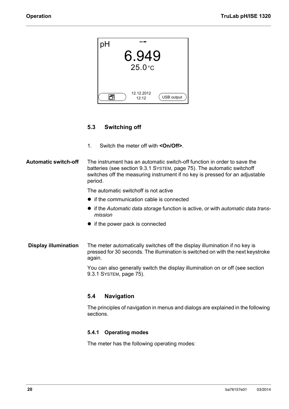 3 switching off, 4 navigation, 1 operating modes | Switching off, Navigation, Operating modes | YSI TruLab 1320P User Manual | Page 20 / 106