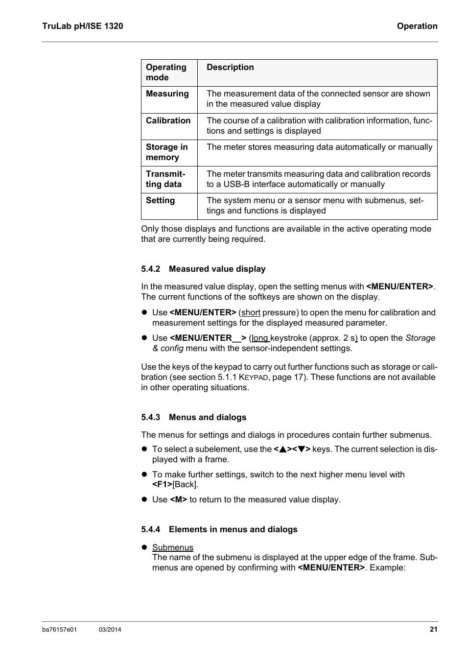2 measured value display, 3 menus and dialogs, 4 elements in menus and dialogs | Measured value display, Menus and dialogs, Elements in menus and dialogs | YSI TruLab 1320P User Manual | Page 21 / 106