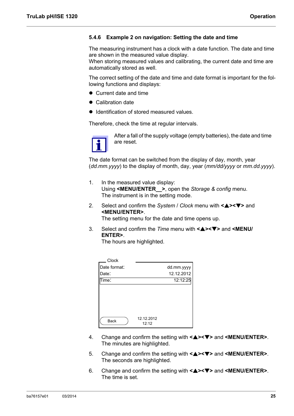 Example 2 on navigation: setting the date and time, See section 5.4.6 e, Xample | Navigation, Etting, Date, Time, Section 5.4.6 e | YSI TruLab 1320P User Manual | Page 25 / 106