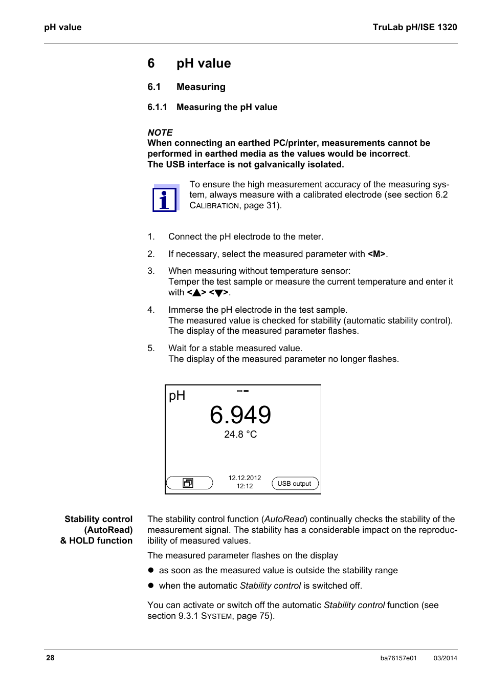 6 ph value, 1 measuring, 1 measuring the ph value | Ph value, Measuring, Measuring the ph value, 6ph value | YSI TruLab 1320P User Manual | Page 28 / 106