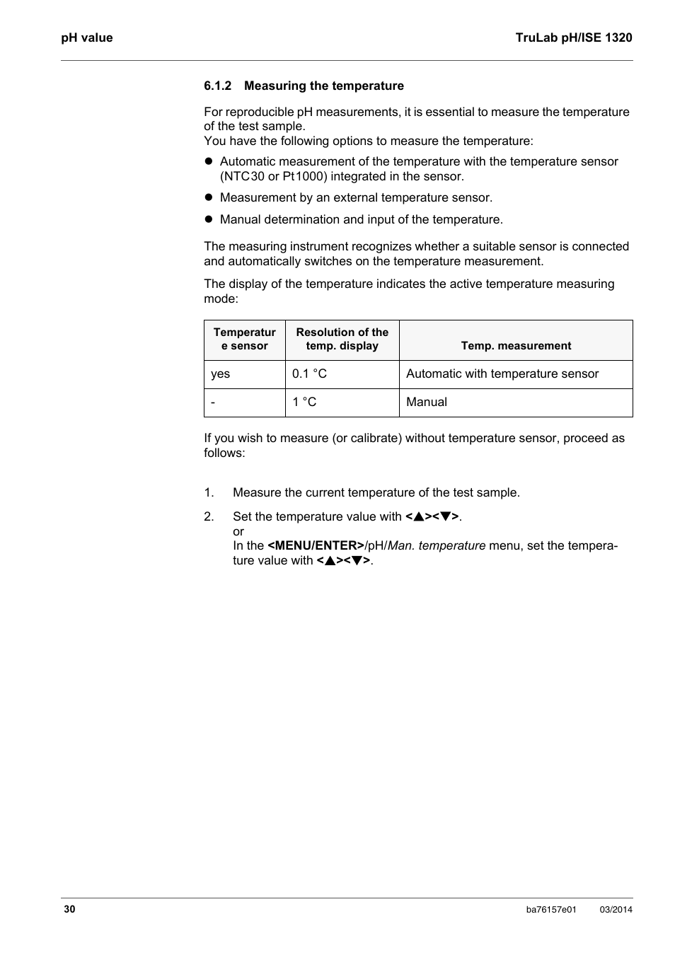 2 measuring the temperature, Measuring the temperature | YSI TruLab 1320P User Manual | Page 30 / 106