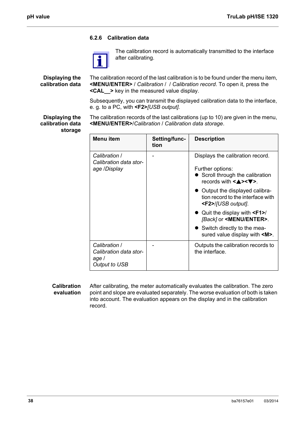 6 calibration data, Calibration data | YSI TruLab 1320P User Manual | Page 38 / 106