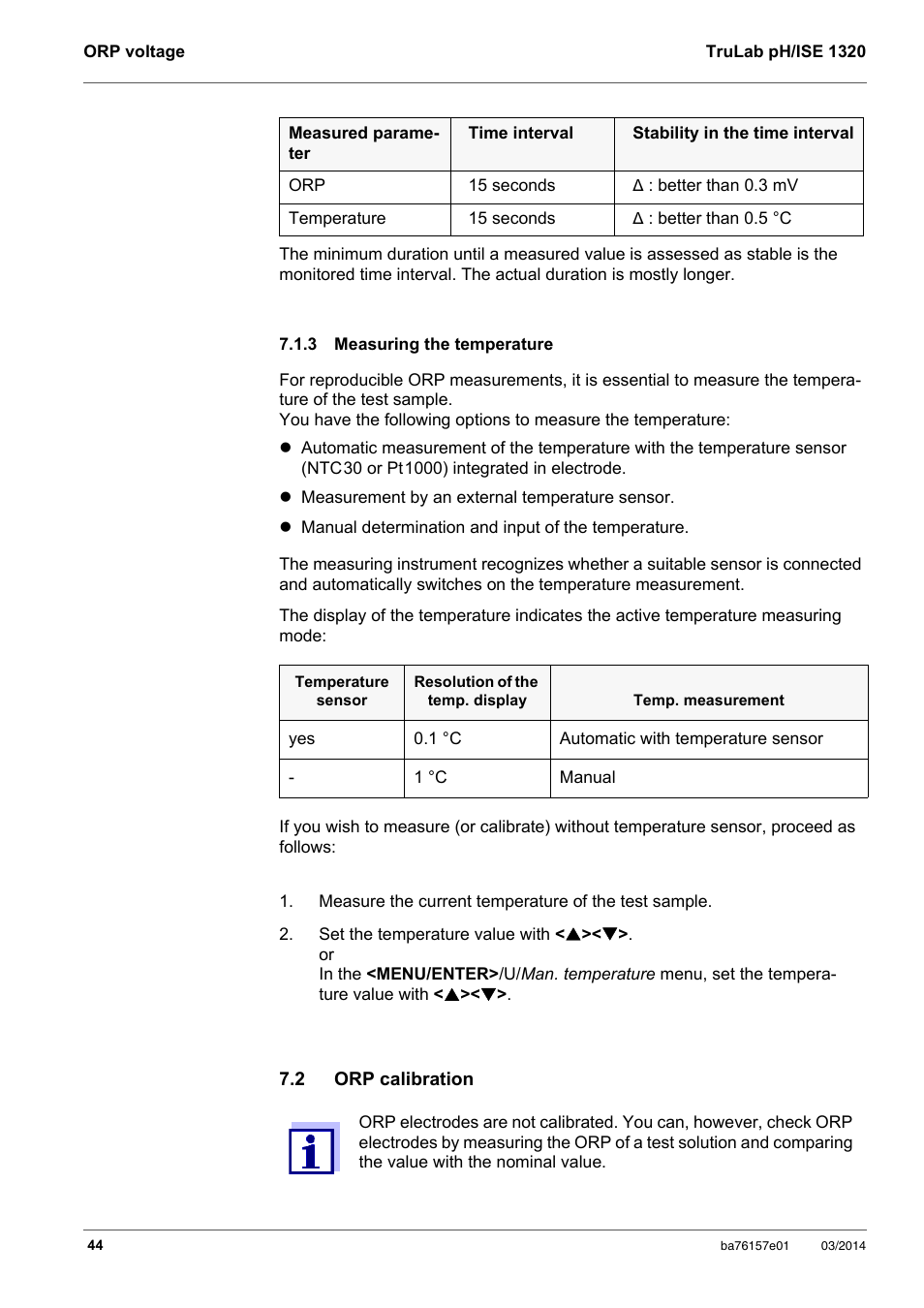 3 measuring the temperature, 2 orp calibration, Measuring the temperature | Orp calibration | YSI TruLab 1320P User Manual | Page 44 / 106