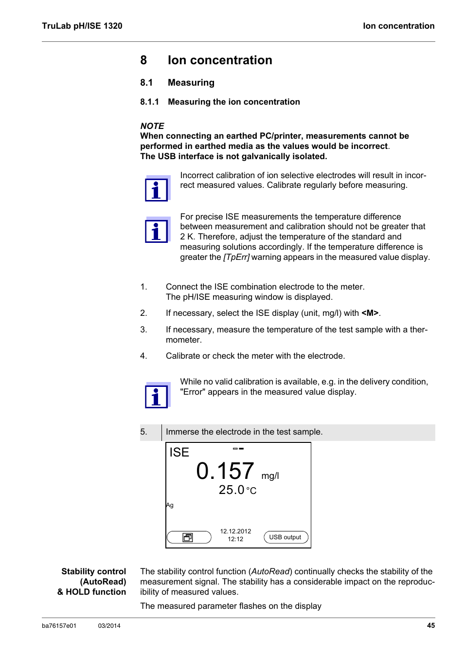 8 ion concentration, 1 measuring, 1 measuring the ion concentration | Ion concentration, Measuring, Measuring the ion concentration, 8ion concentration | YSI TruLab 1320P User Manual | Page 45 / 106