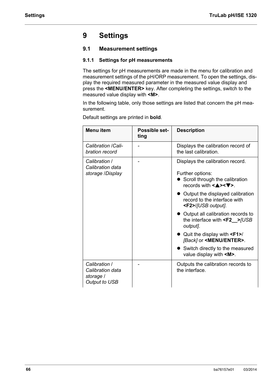 9 settings, 1 measurement settings, 1 settings for ph measurements | Settings, Measurement settings, Settings for ph measurements, Selected (see section 9.1.1 s, Ettings, Measurements, Section 9.1.1 s | YSI TruLab 1320P User Manual | Page 66 / 106