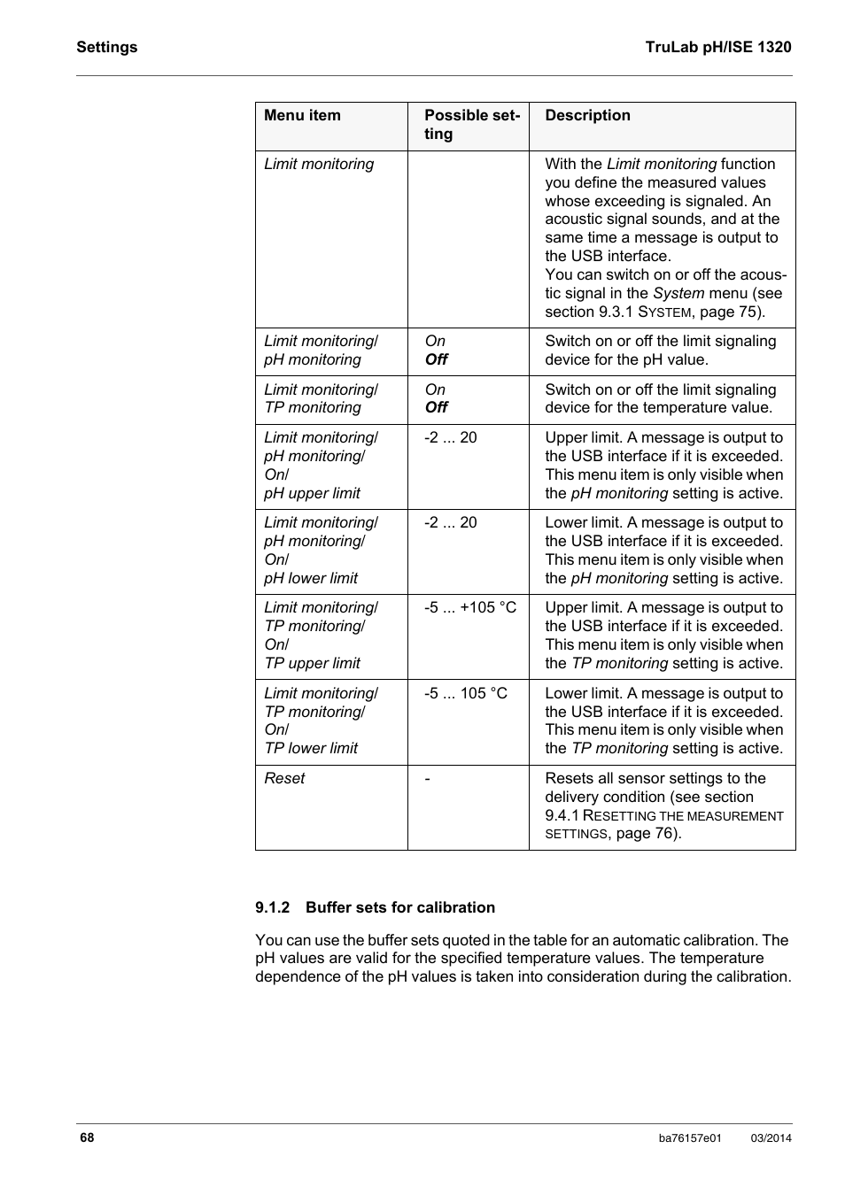 2 buffer sets for calibration, Buffer sets for calibration | YSI TruLab 1320P User Manual | Page 68 / 106
