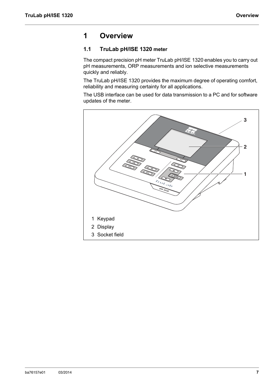 1 overview, 1 trulab ph/ise 1320 meter, Overview | Trulab ph/ise 1320 meter, 1overview | YSI TruLab 1320P User Manual | Page 7 / 106