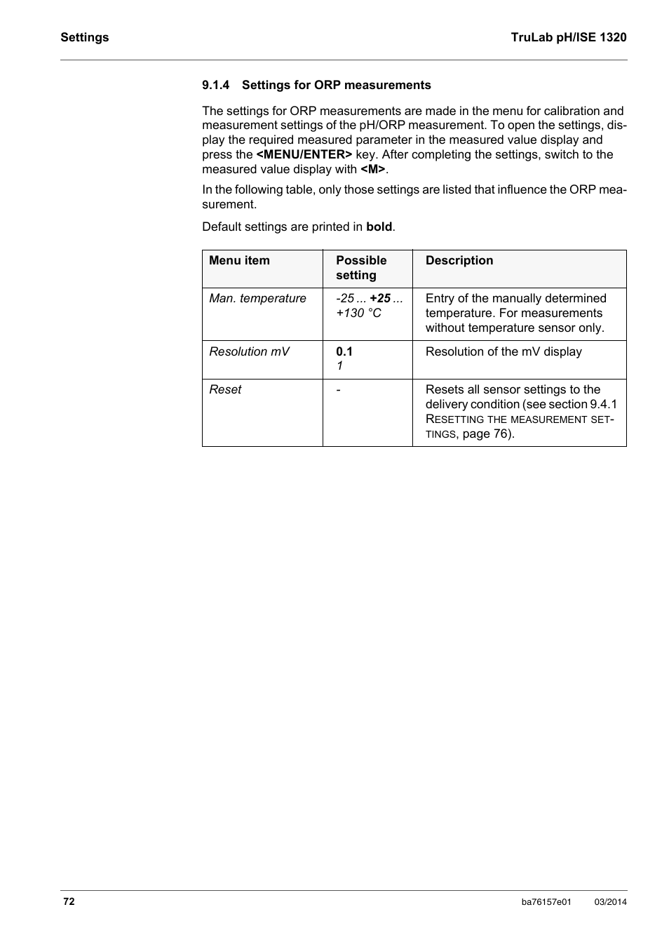 4 settings for orp measurements, Settings for orp measurements | YSI TruLab 1320P User Manual | Page 72 / 106