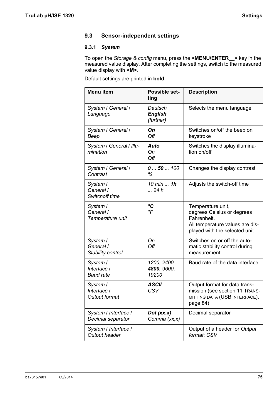 3 sensor-independent settings, 1 system, Sensor-independent settings | System, Section 9.3.1 s, Ystem | YSI TruLab 1320P User Manual | Page 75 / 106